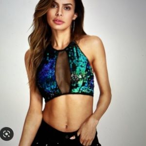 Green black sequin halter tie top race festival sparkly shimmery mermaid mesh